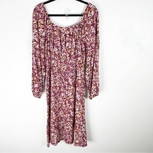 NAIF Multicolored Floral Long Sleeves Scoop Neck Pleated Bodice Dress